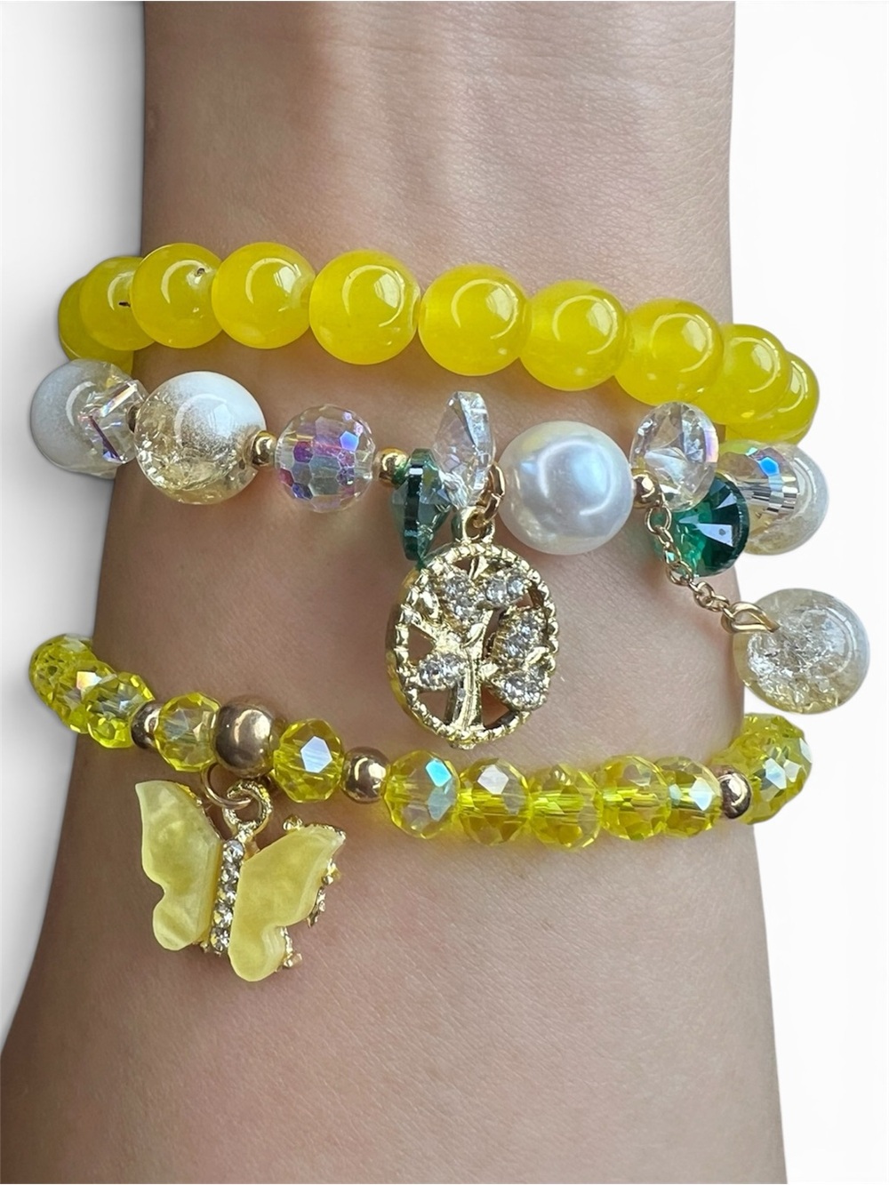 Tree of Life Butterfly Charm Beaded 3 Pieces Stretch Bracelet Set NWOT